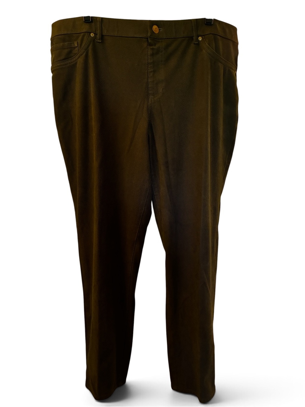 Chicos olive faux suede leggings. 5 pocket style, back pockets like new. Sz 16